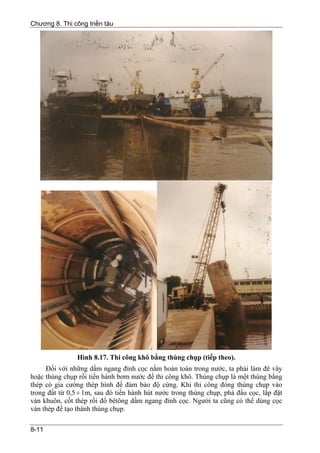 Chương 8. Thi công triền tàu




                Hình 8.17. Thi công khô bằng thùng chụp (tiếp theo).
     Đối với những dầm ngang đỉnh cọc nằm hoàn toàn trong nước, ta phải làm đê vây
hoặc thùng chụp rồi tiến hành bơm nước để thi công khô. Thùng chụp là một thùng bằng
thép có gia cường thép hình để đảm bảo độ cứng. Khi thi công đóng thùng chụp vào
trong đất từ 0,5 ÷ 1m, sau đó tiến hành hút nước trong thùng chụp, phá đầu cọc, lắp đặt
ván khuôn, cốt thép rồi đổ bêtông dầm ngang đỉnh cọc. Người ta cũng có thể dùng cọc
ván thép để tạo thành thùng chụp.

8-11
 