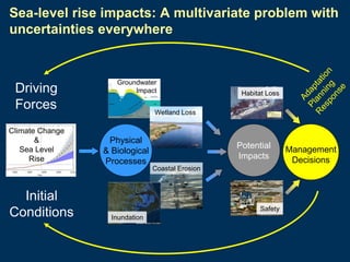 Sea-level rise impacts: A multivariate problem with
uncertainties everywhere

Driving
Forces
Climate Change
&
Sea Level
Rise

Groundwater
Impact

Habitat Loss

Wetland Loss

Physical
& Biological
Processes

Potential
Impacts
Coastal Erosion

Initial
Conditions

Safety
Inundation

Management
Decisions

 
