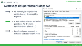 Nettoyage des permissions dans AD
• Le même type de problème
existe dans les fichiers et les
registres.
• Il peut se cacher dans toutes les
partitions AD (Domain,
Configuration, Schéma, …)
• Pas d’outil pour parcourir et
nettoyer ce type d’information
Identity Days 2019
24 octobre 2019 - PARIS
 