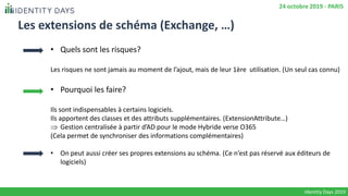 Les extensions de schéma (Exchange, …)
• Quels sont les risques?
Les risques ne sont jamais au moment de l’ajout, mais de leur 1ère utilisation. (Un seul cas connu)
• Pourquoi les faire?
Ils sont indispensables à certains logiciels.
Ils apportent des classes et des attributs supplémentaires. (ExtensionAttribute…)
 Gestion centralisée à partir d’AD pour le mode Hybride verse O365
(Cela permet de synchroniser des informations complémentaires)
• On peut aussi créer ses propres extensions au schéma. (Ce n’est pas réservé aux éditeurs de
logiciels)
Identity Days 2019
24 octobre 2019 - PARIS
 
