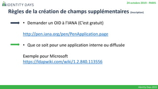 Règles de la création de champs supplémentaires (Inscription)
• Demander un OID à l’IANA (C’est gratuit)
http://pen.iana.org/pen/PenApplication.page
• Que ce soit pour une application interne ou diffusée
Exemple pour Microsoft
https://ldapwiki.com/wiki/1.2.840.113556
Identity Days 2019
24 octobre 2019 - PARIS
 