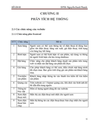 ĐỒ ÁN III SVTH: Nguyễn DanhThanh
11
CHƢƠNG II
PHÂN TÍCH HỆ THỐNG
2.1 Các chức năng của website
2.1.1 Chức năng phía frontend
STT Chức năng Mô tả
1 Xem hàng Người xem có thể xem thông tin về điện thoại di động bao
gồm: tên điện thoại, hãng sản xuất, giá điện thoại, tình trạng
còn hàng hay hết hàng
2 Bình luận Người xem có thể bình luận về sản phẩm, nội dung và thông
tin người bình luận cần lưu trong database.
3 Đặt hàng Chức năng cho phép khách hàng duyệt sản phẩm trên trang
web và nhấn nút đặt hàng sản phẩm đã chọn.
4 Giỏ hàng Cho phép khách hàng có thể xem, điều chỉnh mặt hàng mình
đã chọn mua. Bao gồm tính tổng giá sản phẩm mà khách hàng
mua.
5 Tìm kiếm
sản phẩm
Khách hàng nhập thông tin vào thanh tìm kiếm để tìm kiếm
sản phẩm
6 Quảng cáo Trên website có 1 banner quảng cáo, khi click vào hình ảnh đó
thì dẫn đến trang nguồn
7 Thống kê
truy cập
Đếm số lượng người dùng đã vào website
8 Xem điện
thoại mới
Hiển thị các điện thoại mới nhất cho người xem
9 Xem điện
thoại bán
chạy
Hiển thị thông tin các điện thoại được bán chạy nhất cho người
xem
 