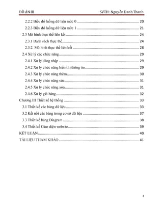 ĐỒ ÁN III SVTH: Nguyễn DanhThanh
2
2.2.2 Biểu đồ luồng dữ liệu mức 0 .............................................................. 20
2.2.3 Biểu đồ luồng dữ liệu mức 1 .............................................................. 21
2.3 Mô hình thực thể liên kết......................................................................... 24
2.3.1 Danh sách thực thể............................................................................. 24
2.3.2. Mô hình thực thể liên kết .................................................................. 28
2.4 Xử lý các chức năng................................................................................ 29
2.4.1 Xử lý đăng nhập ................................................................................ 29
2.4.2 Xử lý chức năng hiển thị thông tin...................................................... 29
2.4.3 Xử lý chức năng thêm........................................................................ 30
2.4.4 Xử lý chức năng sửa.......................................................................... 31
2.4.5 Xử lý chức năng xóa.......................................................................... 31
2.4.6 Xử lý giỏ hàng................................................................................... 32
Chương III Thiết kế hệ thống ........................................................................... 33
3.1 Thiết kế các bảng dữ liệu......................................................................... 33
3.2 Kết nối các bảng trong cơ sở dữ liệu ........................................................ 37
3.3 Thiết kế bảng Diagram ............................................................................ 38
3.4 Thiết kế Giao diện website....................................................................... 39
KẾT LUẬN..................................................................................................... 40
TÀI LIỆU THAM KHẢO ................................................................................ 41
 