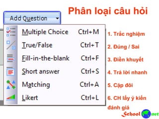 1. Trắc nghiệm 2. Đúng / Sai 3. Điền khuyết 4. Trả lời nhanh 5. Cặp đôi 6. CH lấy ý kiến đánh giá Phân loại câu hỏi