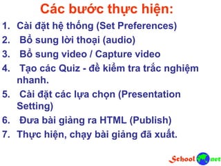 Các bước thực hiện:
1. Cài đặt hệ thống (Set Preferences)
2. Bổ sung lời thoại (audio)
3. Bổ sung video / Capture video
4. Tạo các Quiz - đề kiểm tra trắc nghiệm
nhanh.
5. Cài đặt các lựa chọn (Presentation
Setting)
6. Đưa bài giảng ra HTML (Publish)
7. Thực hiện, chạy bài giảng đã xuất.
 