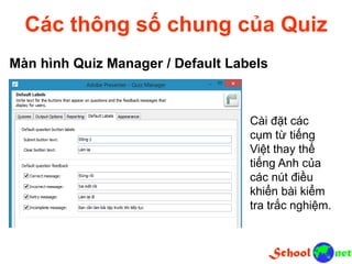 Các thông số chung của Quiz
Màn hình Quiz Manager / Default Labels
Cài đặt các
cụm từ tiếng
Việt thay thế
tiếng Anh của
các nút điều
khiển bài kiểm
tra trắc nghiệm.
 