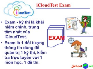 iCloudTest Exam
• Exam - kỳ thi là khái
niệm chính, trung
tâm nhất của
iCloudTest.
• Exam là 1 đối tượng
thông tin dùng để
quản trị 1 kỳ thi, kiểm
tra trực tuyến với 1
môn học, 1 đề thi.
EXAM
 