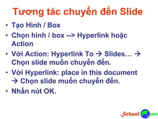 Tương tác chuyển đến Slide
• Tạo Hình / Box
• Chọn hình / box --> Hyperlink hoặc
Action
• Với Action: Hyperlink To  Slides… 
Chọn slide muốn chuyển đến.
• Với Hyperlink: place in this document
 Chọn slide muốn chuyển đến.
• Nhấn nút OK.
 