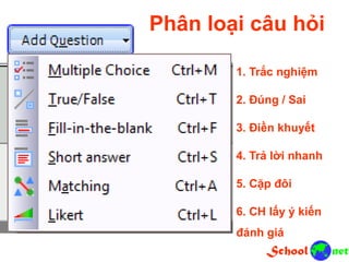 1. Trắc nghiệm
2. Đúng / Sai
3. Điền khuyết
4. Trả lời nhanh
5. Cặp đôi
6. CH lấy ý kiến
đánh giá
Phân loại câu hỏi
 