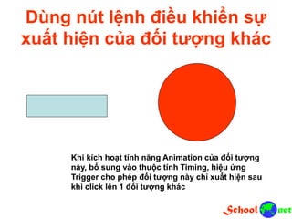 Dùng nút lệnh điều khiển sự
xuất hiện của đối tượng khác
Khi kích hoạt tính năng Animation của đối tượng
này, bổ sung vào thuộc tính Timing, hiệu ứng
Trigger cho phép đối tượng này chỉ xuất hiện sau
khi click lên 1 đối tượng khác
 