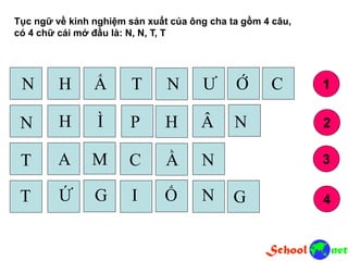 N
N
T
T
H Ấ T N Ư Ớ C
H Ì P H Â N
A M Ầ NC
Ứ G I Ố N G
1
2
3
4
Tục ngữ về kinh nghiệm sản xuất của ông cha ta gồm 4 câu,
có 4 chữ cái mở đầu là: N, N, T, T
 