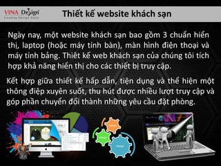 Thiết kế website khách sạn
Ngày nay, một website khách sạn bao gồm 3 chuẩn hiển
thị, laptop (hoặc máy tính bàn), màn hình điện thoại và
máy tính bảng. Thiêt kế web khách sạn của chúng tôi tích
hợp khả năng hiển thị cho các thiết bị truy cập.
Kết hợp giữa thiết kế hấp dẫn, tiện dụng và thể hiện một
thông điệp xuyên suốt, thu hút được nhiều lượt truy cập và
góp phần chuyển đổi thành những yêu cầu đặt phòng.
Design

Design

Design

 
