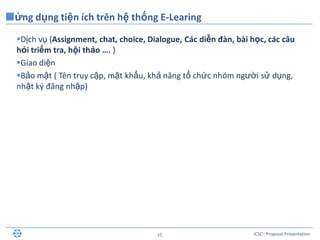 ICSC– Proposal Presentation15
Dịch vụ (Assignment, chat, choice, Dialogue, Các diễn đàn, bài học, các câu
hỏi triểm tra, hội thảo …. )
Giao diện
Bảo mật ( Tên truy cập, mật khẩu, khả năng tổ chức nhóm người sử dụng,
nhật ký đăng nhập)
ứng dụng tiện ích trên hệ thống E-Learing
 