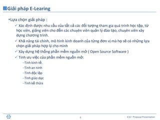 ICSC– Proposal Presentation6
Lựa chọn giải pháp :
 Xác định được nhu cầu của tất cả các đối tượng tham gia quá trình học tập, từ
học viên, giảng viên cho đến các chuyên viên quản lý đào tạo, chuyên viên xây
dựng chương trình.
 Khả năng tài chính, mô hình kinh doanh của từng đơn vị mà họ sẽ có những lựa
chọn giải pháp hợp lý cho mình
 Xây dựng hệ thống phần mềm nguồn mở ( Open Source Software )
 Tính ưu việc của phần mềm nguồn mở:
–Tính kinh tế.
–Tính an ninh
–Tính độc lập
–Tính giáo dục
–Tính kế thừa
Giải pháp E-Learing
 