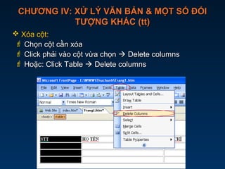 CHƯƠNG IV: XỬ LÝ VĂN BẢN & MỘT SỐ ĐỐICHƯƠNG IV: XỬ LÝ VĂN BẢN & MỘT SỐ ĐỐI
TƯỢNG KHÁC (tt)TƯỢNG KHÁC (tt)
 Xóa cột:Xóa cột:
 Chọn cột cần xóaChọn cột cần xóa
 Click phải vào cột vừa chọnClick phải vào cột vừa chọn  Delete columnsDelete columns
 Hoặc: Click TableHoặc: Click Table  Delete columnsDelete columns
 