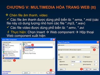 CHƯƠNG V: MULTIMEDIA HÓA TRANG WEB (tt)CHƯƠNG V: MULTIMEDIA HÓA TRANG WEB (tt)
 Chèn file âm thanh, video:Chèn file âm thanh, video:
 Các file âm thanh được dùng phổ biến là: *.wma, *.mid (cácCác file âm thanh được dùng phổ biến là: *.wma, *.mid (các
file này có dung lượng nhỏ hơn các file *.mp3, *.wav)file này có dung lượng nhỏ hơn các file *.mp3, *.wav)
 Các file video được dùng phổ biến là: *.wmv, *.aviCác file video được dùng phổ biến là: *.wmv, *.avi
 Thực hiện:Thực hiện: Chọn InsertChọn Insert  Web componentWeb component  Hộp thoạiHộp thoại
Web component xuất hiệnWeb component xuất hiện





 
