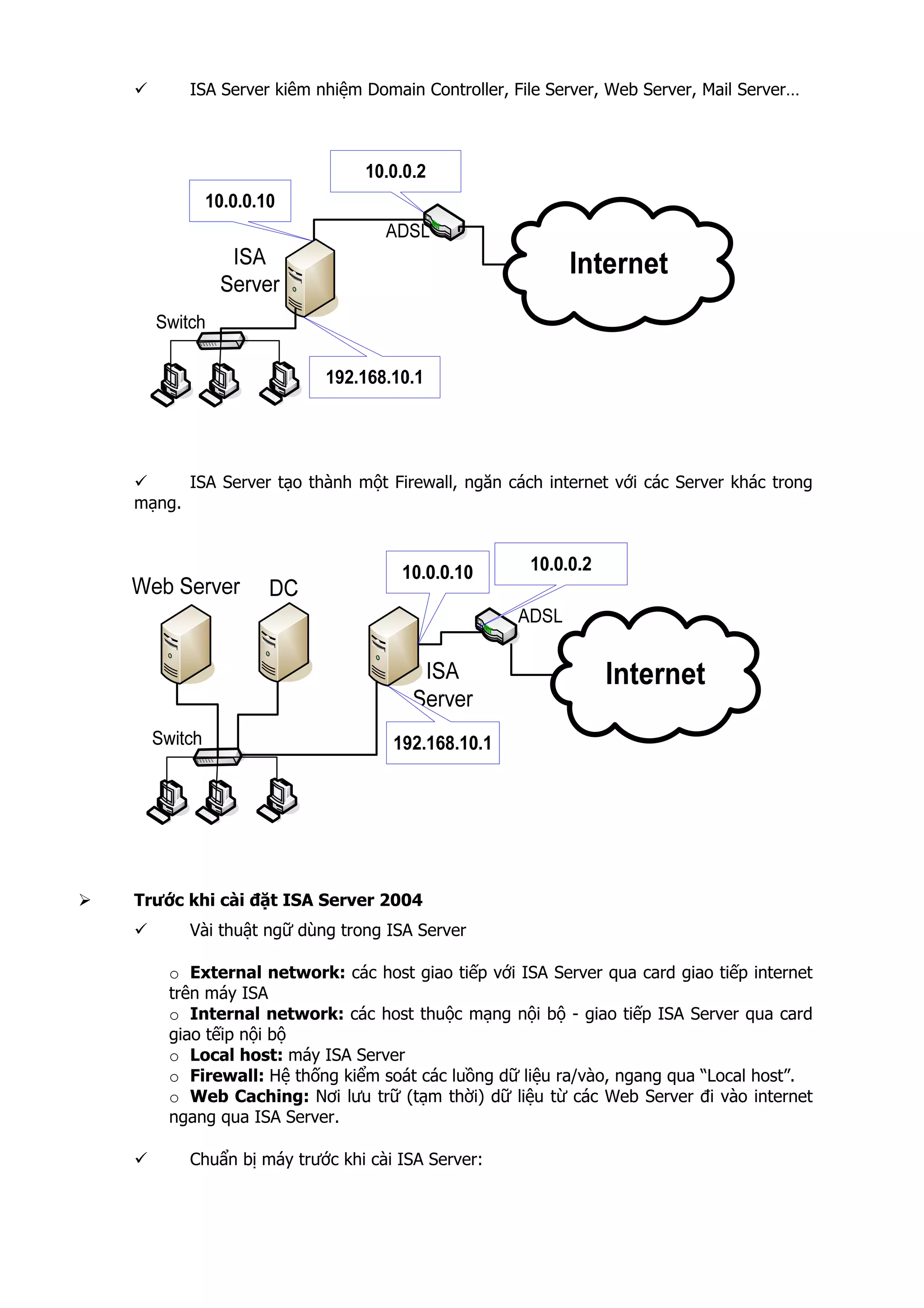 ISA Server kiêm nhiệm Domain Controller, File Server, Web Server, Mail Server…
ISA Server tạo thành một Firewall, ngăn cách internet với các Server khác trong
mạng.
Trước khi cài đặt ISA Server 2004
Vài thuật ngữ dùng trong ISA Server
o External network: các host giao tiếp với ISA Server qua card giao tiếp internet
trên máy ISA
o Internal network: các host thuộc mạng nội bộ - giao tiếp ISA Server qua card
giao tếip nội bộ
o Local host: máy ISA Server
o Firewall: Hệ thống kiểm soát các luồng dữ liệu ra/vào, ngang qua “Local host”.
o Web Caching: Nơi lưu trữ (tạm thời) dữ liệu từ các Web Server đi vào internet
ngang qua ISA Server.
Chuẩn bị máy trước khi cài ISA Server:
 