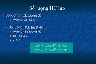 Số lượng HC lưới
Số lượng HCL tương đối
 Tỷ lệ %: 0,8-1,5%
 Số lượng HCL tuyệt đối
 Tỷ lệ % x Số lượng HC
 50 – 75 G/L
 Ví dụ:
1,1% x 4,96x10
12
= 55 G/L
12,2% x 2,05x10
12
= 250 G/L
 