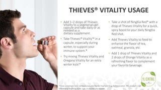 THIEVES® VITALITY USAGE
• Add 1–2 drops of Thieves
Vitality to a vegetarian gel
capsule and take daily or as
needed as a
dietary supplement.
• Take Thieves® Vitality™ in a
capsule, especially during
winter, to support your
immune system.*
• Try mixing Thieves Vitality and
Oregano Vitality for an extra
winter kick!*
• Take a shot of NingXia Red® with a
drop of Thieves Vitality for a quick,
spicy boost to your daily NingXia
Red shot.
• Add Thieves Vitality to food to
enhance the flavor of tea,
oatmeal, granola, etc.
• Add 1 drop of Thieves Vitality and
2 drops of Orange Vitality as a
refreshing flavor to complement
your favorite beverage.
*These statements have not been evaluated by the Food and Drug Administration. This product is not
intended to diagnose, treat, cure, or prevent any disease.
 