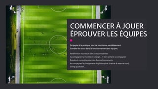 COMMENCER À JOUER
ÉPROUVER LES ÉQUIPES
Du papier à la pratique, tout ne fonctionne pas idéalement.
Combler les trous dans le fonctionnement des équipes.
Redéfinition nouveaux rôles / responsabilités
Accompagner la montée en charge… et bien se faire accompagner
Écoute et compréhension des dysfonctionnements
Accompagner le changement de philosophie [interne & externe front]
Going quotidien…
 