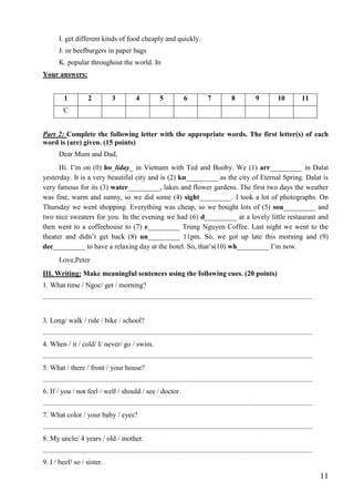 11
I. get different kinds of food cheaply and quickly.
J. or beefburgers in paper bags
K. popular throughout the world. In
Your answers:
1 2 3 4 5 6 7 8 9 10 11
C
Part 2: Complete the following letter with the appropriate words. The first letter(s) of each
word is (are) given. (15 points)
Dear Mum and Dad,
Hi. I’m on (0) ho_liday_ in Vietnam with Ted and Booby. We (1) arr_________ in Dalat
yesterday. It is a very beautiful city and is (2) kn_________ as the city of Eternal Spring. Dalat is
very famous for its (3) water_________, lakes and flower gardens. The first two days the weather
was fine, warm and sunny, so we did some (4) sight_________. I took a lot of photographs. On
Thursday we went shopping. Everything was cheap, so we bought lots of (5) sou_________ and
two nice sweaters for you. In the evening we had (6) d_________ at a lovely little restaurant and
then went to a coffeehouse to (7) e_________ Trung Nguyen Coffee. Last night we went to the
theater and didn’t get back (8) un_________ 11pm. So, we got up late this morning and (9)
dec_________ to have a relaxing day at the hotel. So, that’s(10) wh_________ I’m now.
Love,Peter
III. Writing: Make meaningful sentences using the following cues. (20 points)
1. What time / Ngoc/ get / morning?
.......................................................................................................................................................
3. Long/ walk / ride / bike / school?
.......................................................................................................................................................
4. When / it / cold/ I/ never/ go / swim.
.......................................................................................................................................................
5. What / there / front / your house?
.......................................................................................................................................................
6. If / you / not feel / well / should / see / doctor.
.......................................................................................................................................................
7. What color / your baby / eyes?
.......................................................................................................................................................
8. My uncle/ 4 years / old / mother.
.......................................................................................................................................................
9. I / beef/ so / sister.
 