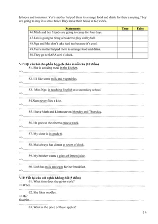 14
lettuces and tomatoes. Vui’s mother helped them to arrange food and drink for their camping.They
are going to stay in a small hotel.They leave their house at 6 o’clock.
Statements True False
46.Minh and her friends are going to camp for four days.
47.Lan is going to bring a basket to play volleyball.
48.Nga and Mai don’t take iced tea because it’s cool.
49.Vui’s mother helped them to arrange food and drink.
50.They go to SAPA at 6 o’clock.
VI/ Đặt câu hỏi cho phần bị gạch chân ở mỗi câu (10 điểm)
51. She is cooking meal in the kitchen.
=>……………………………………………………………………………………………………
…………………………………
52. I’d like some milk and vegetables.
=>……………………………………………………………………………………………………
…………………………………
53. Miss Nga is teaching English at a secondary school.
=>……………………………………………………………………………………………………
…………………………………
54.Nam never flies a kite.
=>……………………………………………………………………………………………………
…………………………………
55. I have Math and Literature on Monday and Thursday.
=>……………………………………………………………………………………………………
…………………………………
56. He goes to the cinema once a week.
=>……………………………………………………………………………………………………
…………………………………
57. My sister is in grade 6.
=>……………………………………………………………………………………………………
…………………………………
58. Mai always has dinner at seven o’clock.
=>……………………………………………………………………………………………………
…………………………………
59. My brother wants a glass of lemon juice.
=>……………………………………………………………………………………………………
…………………………………
60. Linh has milk and eggs for her breakfast.
=>……………………………………………………………………………………………………
…………………………………
VII/ Viết lại câu với nghĩa không đổi (5 điểm)
61. What time does she go to work?
=>When………………………………………………………………………………………………
………………………………
62. She likes noodles.
=>Her
favorite………………………………………………………………………………………………
………………………
63. What is the price of these apples?
 