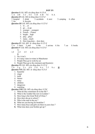 6
ĐÁP ÁN
Question I (1đ). Mỗi câu đúng được 0.125 đ
1. A 2.D 3. C 4. C 5. D 6. B 7.C 8. A
Question II (1đ). Mỗi từ đúng được 0.125 đ
1. hospital 2. drink 3. accidents 4. next 5. camping 6. often
7. for 8. favorite
Question III (1đ). Mỗi câu đúng được 0.125 đ
1. in ….at
2. go ….to go
3. younger….youngest
4. French….France
5. height….high
6. play…plays
7. many…much
8. How long does….how does
Question IV (1đ). Mỗi từ đúng được 0.125 đ
1. is 2. there 3. and 4. the 5. an/one 6. his 7. on 8. books
Question V (1đ). Mỗi câu đúng được 0.125 đ
A.
1.F 2. F 3.T 4. T
B
1. No, it isn’t.
2. It’s rainy/ rains in winter in Manchester
3. People/They go to work by car
4. People/They go to the cinema(s) and theatre(s)
Question VI (1đ). Mỗi câu đúng được 0.125 đ
1. h 2. g 3. c 4. b 5. d 6. a 7. f 8. e 9i
Question VII (2đ). Mỗi từ đúng được 0.25 đ
1. beautiful
2. singer
3. teeth
4. farmer
5. noisy
6. children
7. dangerous
8. watching
Question VIII (2đ). Mỗi câu đúng được 0.25đ
1. What do they sometimes do in the fall ?
2. What is the weather like now in London ?
3. How long is the Great Wall of China ?
4. How does she go to school ?
5. Who is the man in the car ?
6. What are you having for breakfast ?
7. How many boys and girls are there in your class ?
8. What time does your brother get up ?
 