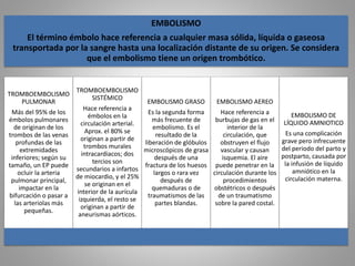 EMBOLISMO 
El término émbolo hace referencia a cualquier masa sólida, líquida o gaseosa 
transportada por la sangre hasta una localización distante de su origen. Se considera 
que el embolismo tiene un origen trombótico. 
TROMBOEMBOLISMO 
PULMONAR 
Más del 95% de los 
émbolos pulmonares 
de originan de los 
trombos de las venas 
profundas de las 
extremidades 
inferiores; según su 
tamaño, un EP puede 
ocluir la arteria 
pulmonar principal, 
impactar en la 
bifurcación o pasar a 
las arteriolas más 
pequeñas. 
TROMBOEMBOLISMO 
SISTÉMICO 
Hace referencia a 
émbolos en la 
circulación arterial. 
Aprox. el 80% se 
originan a partir de 
trombos murales 
intracardiacos; dos 
tercios son 
secundarios a infartos 
de miocardio, y el 25% 
se originan en el 
interior de la aurícula 
izquierda, el resto se 
originan a partir de 
aneurismas aórticos. 
EMBOLISMO GRASO 
Es la segunda forma 
más frecuente de 
embolismo. Es el 
resultado de la 
liberación de glóbulos 
microscópicos de grasa 
después de una 
fractura de los huesos 
largos o rara vez 
después de 
quemaduras o de 
traumatismos de las 
partes blandas. 
EMBOLISMO AEREO 
Hace referencia a 
burbujas de gas en el 
interior de la 
circulación, que 
obstruyen el flujo 
vascular y causan 
isquemia. El aire 
puede penetrar en la 
circulación durante los 
procedimientos 
obstétricos o después 
de un traumatismo 
sobre la pared costal. 
EMBOLISMO DE 
LÍQUIDO AMNIOTICO 
Es una complicación 
grave pero infrecuente 
del periodo del parto y 
postparto, causada por 
la infusión de líquido 
amniótico en la 
circulación materna. 
 