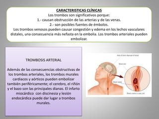 CARACTERISTICAS CLÍNICAS 
Los trombos son significativos porque: 
1.- causan obstrucción de las arterias y de las venas. 
2.- son posibles fuentes de émbolos. 
Los trombos venosos pueden causar congestión y edema en los lechos vasculares 
distales, una consecuencia más nefasta en la embolia. Los trombos arteriales pueden 
embolizar. 
TROMBOSIS ARTERIAL 
Además de las consecuencias obstructivas de 
los trombos arteriales, los trombos murales 
cardiacos y aórticos pueden embolizar 
también periféricamente; el cerebro, el riñón 
y el bazo son las principales dianas. El infarto 
miocárdico con discinesia y lesión 
endocárdica puede dar lugar a trombos 
murales. 
 