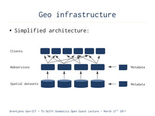 Geo infrastructure
●   Simplified architecture:


Clients



Webservices                                                                    Metadata



Spatial datasets                                                               Metadata




Brentjens Geo-ICT - TU Delft Geomatics Open Guest Lecture - March 21 st 2011
 