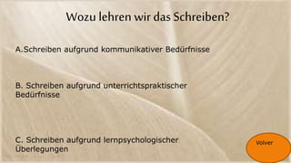 Wozu lehren wir das Schreiben?
A.Schreiben aufgrund kommunikativer Bedürfnisse
B. Schreiben aufgrund unterrichtspraktischer
Bedürfnisse
C. Schreiben aufgrund lernpsychologischer
Überlegungen
Volver
 