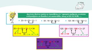 Δες έναν έξυπνο τρόπο να προσθέτεις ή ν’ αφαιρείς αριθμούς, οι οποίοι
«πλησιάζουν» σε δεκάδα ή σε εκατοντάδα, όπως οι 8,9,18,19,98, .....
● 25 + 9 = 25 + 10 – 1
25 + 9 = 25 + 10 - 1 = 34
35
10 - 1 = 9 35 -1 = 34
● 54 - 18 = 54 - 20 + 2
54 - 18 = 54 - 20 + 2 = 36
34
20 - 2 = 18 34 +2 = 36
● 125 - 98 = 125 - 100 + 2
125 - 98 = 125 - 100 + 2 = 27
25
100 - 2 = 98
25 +2 = 27
 