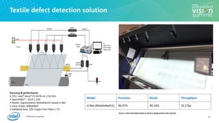 © 2020 Intel Corporation
Textile defect detection solution
Model Precision Recall Throughput
U-Net (MobileNetV1) 96.97% 90.14% 22.2 fps
Accuracy & performance:
• CPU: Intel® Xeon® E5-2678 v3, 2.50 GHz
• OpenVINO™ - 2019.1.144
• Model: Segmentation MobileNetV1 based U-Net
• Input shape: 608x448x3
• Validated data: 320 images from fabric 1~9:
Source: Intel estimated based on factory deployments and Lab test
12
 