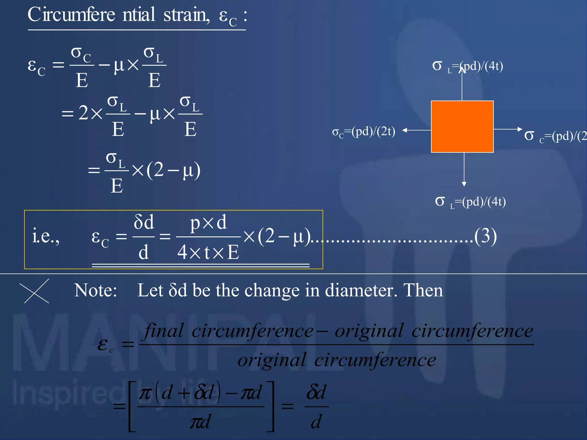 E
σ
μ
E
σ
ε
:εstrain,ntialCircumfere
LC
C
C
×−=
)3..(..............................μ)2(
Et4
dp
d
δd
εi.e., C −×
××
×
==
σ C=(pd)/(2σC=(pd)/(2t)
σ L=(pd)/(4t)
σ L=(pd)/(4t)
Note: Let δd be the change in diameter. Then
( )
d
d
d
ddd
ncecircumfereoriginal
ncecircumfereoriginalncecircumferefinal
c
δ
π
πδπ
ε
=


 −+
=
−
=
μ)2(
E
σ
E
σ
μ
E
σ
2
L
LL
−×=
×−×=
 