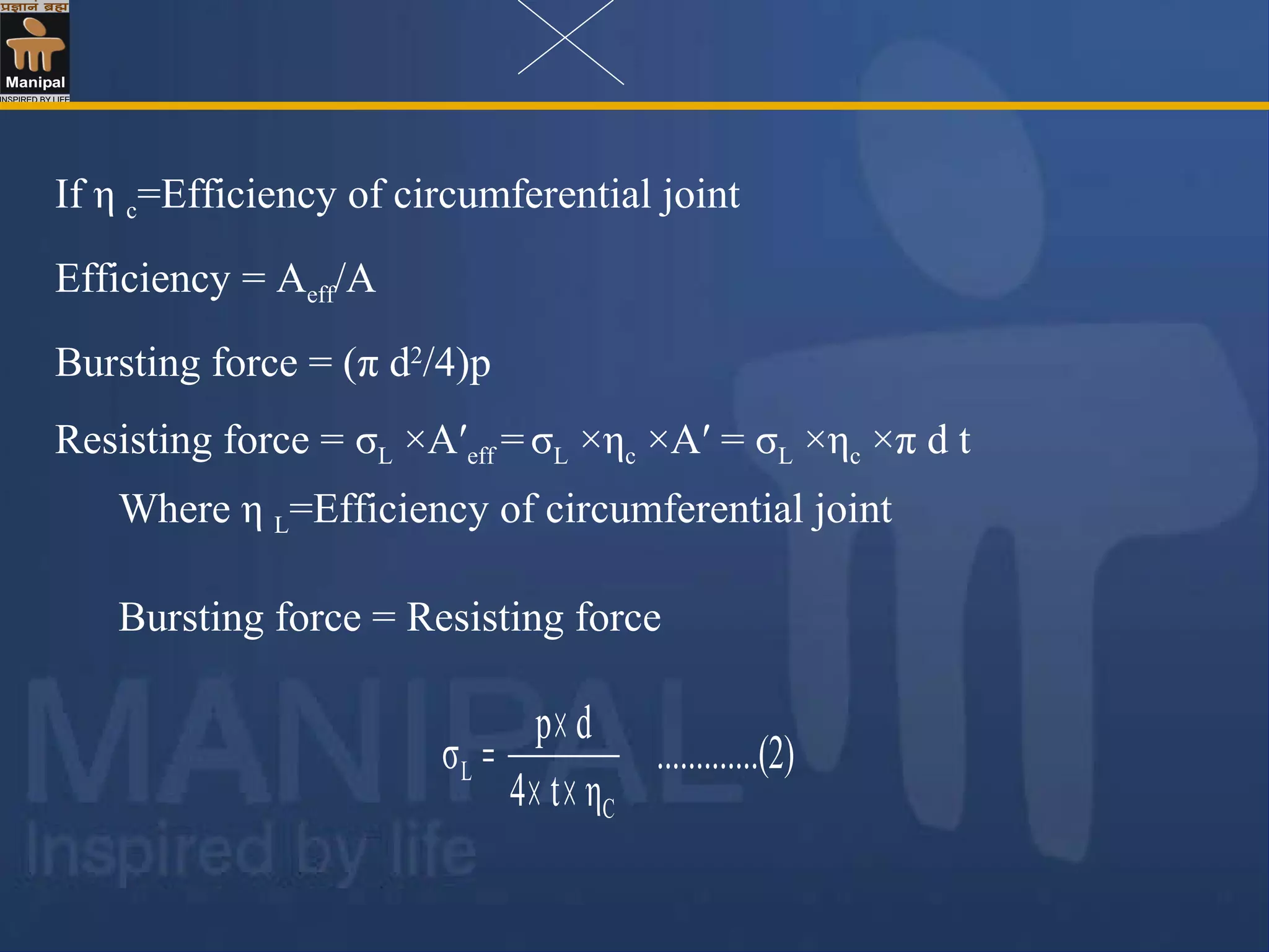 If η c=Efficiency of circumferential joint
Efficiency = Aeff/A
Bursting force = (π d2
/4)p
Resisting force = σL ×A′eff =σL ×ηc ×A′ = σL ×ηc ×π d t
Where η L=Efficiency of circumferential joint
Bursting force = Resisting force
...(2)..........
ηt4
dp
σ
C
L
××
×
=
 