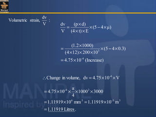 μ)4(5
Et)(4
d)(p
V
dv
×−×
××
×
=
:
V
dv
strain,Volumetric
V104.75dvin volume,Change -4
××=∴
(Increase)104.75
)3.045(
10200)124(
)10002.1(
4-
3
×=
×−×
×××
×
=
.Litres11919.1
m101.11919mm101.11919
30001000
4
π
104.75
33-36
24-
=
×=×=
××××=
 