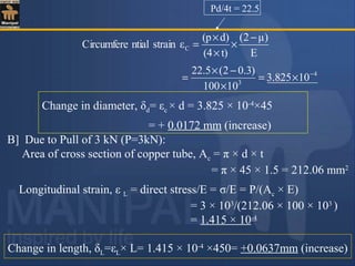 Change in diameter, δd= εc × d = 3.825 × 10-4
×45
= + 0.0172 mm (increase)
B] Due to Pull of 3 kN (P=3kN):
Area of cross section of copper tube, Ac = π × d × t
= π × 45 × 1.5 = 212.06 mm2
Longitudinal strain, ε L = direct stress/E = σ/E = P/(Ac × E)
= 3 × 103
/(212.06 × 100 × 103
)
= 1.415 × 10-4
Change in length, δL=εL× L= 1.415 × 10-4
×450= +0.0637mm (increase)
E
)μ2(
t)(4
d)(p
εstrainntialCircumfere C
−
×
×
×
=
Pd/4t = 22.5
4
3
10825.3
10100
)3.02(5.22 −
×=
×
−×
=
 