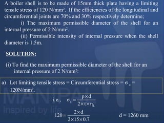 A boiler shell is to be made of 15mm thick plate having a limiting
tensile stress of 120 N/mm2
. If the efficiencies of the longitudinal and
circumferential joints are 70% and 30% respectively determine;
i) The maximum permissible diameter of the shell for an
internal pressure of 2 N/mm2
.
(ii) Permissible intensity of internal pressure when the shell
diameter is 1.5m.
(i) To find the maximum permissible diameter of the shell for an
internal pressure of 2 N/mm2
:
SOLUTION:
ηt2
dp
σe.,i.
L
c
××
×
=
a) Let limiting tensile stress = Circumferential stress = σ c =
120N/mm2
.
d = 1260 mm
7.0512
d2
120
××
×
=
 
