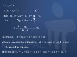 σ c- pr = 2a,
i.e., σc = pr + 2a, ………………(2)
From (1), pr+ 2a = - pr – (r× δpr ) / δr
r
r
r
p
-a)p(2
δ
δ
×=+ r
)3.(..........
a)p(
p
2
r
rr
+
=×−
δδ
r
i. e.,
Integrating, (-2 ×loge r) + c = loge (pr + a)
Where c is constant of integration. Let it be taken as loge b, where
‘b’ is another constant.
Thus, loge (pr+a) = -2 ×loge r + loge b = - loge r2
+ loge b = loge
2
r
b
 