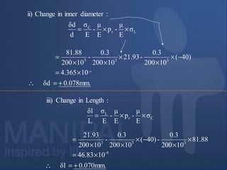 σ
E
μ
-p
E
μ
-
E
σ
d
δd
:diameterinnerinChangeii)
Lr
C
××=
σ
E
μ
-p
E
μ
-
E
σ
L
δl
:LengthinChangeiii)
Cr
L
××=
0.078mm.δd
104.365
)40(
10200
0.3
-93.12
10200
0.3
-
10200
81.88
4-
333
+=∴
×=
−×
×
×
××
=
0.070mm.δl
1046.83
81.88
10200
0.3
-)40(
10200
0.3
-
10200
93.12
6-
333
+=∴
×=
×
×
−×
××
=
 