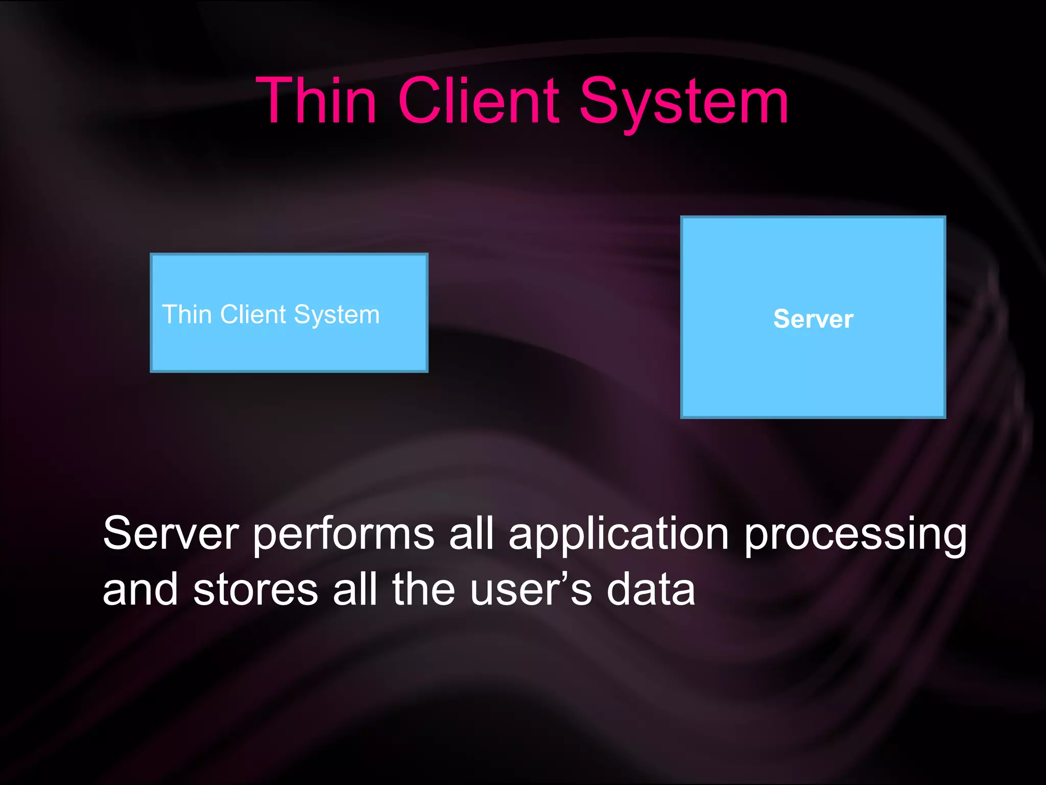 Thin Client System


  Thin Client System            Server




Server performs all application processing
and stores all the user’s data
 