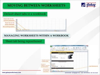 MOVING BETWEEN WORKSHEETS
Default sheet tabs in a workbook

MANAGING WORKSHEETS WITHIN A WORKBOOK

Sheet tab being repositioned

 