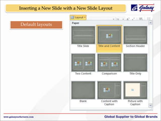 Inserting a New Slide with a New Slide Layout

Default layouts

 