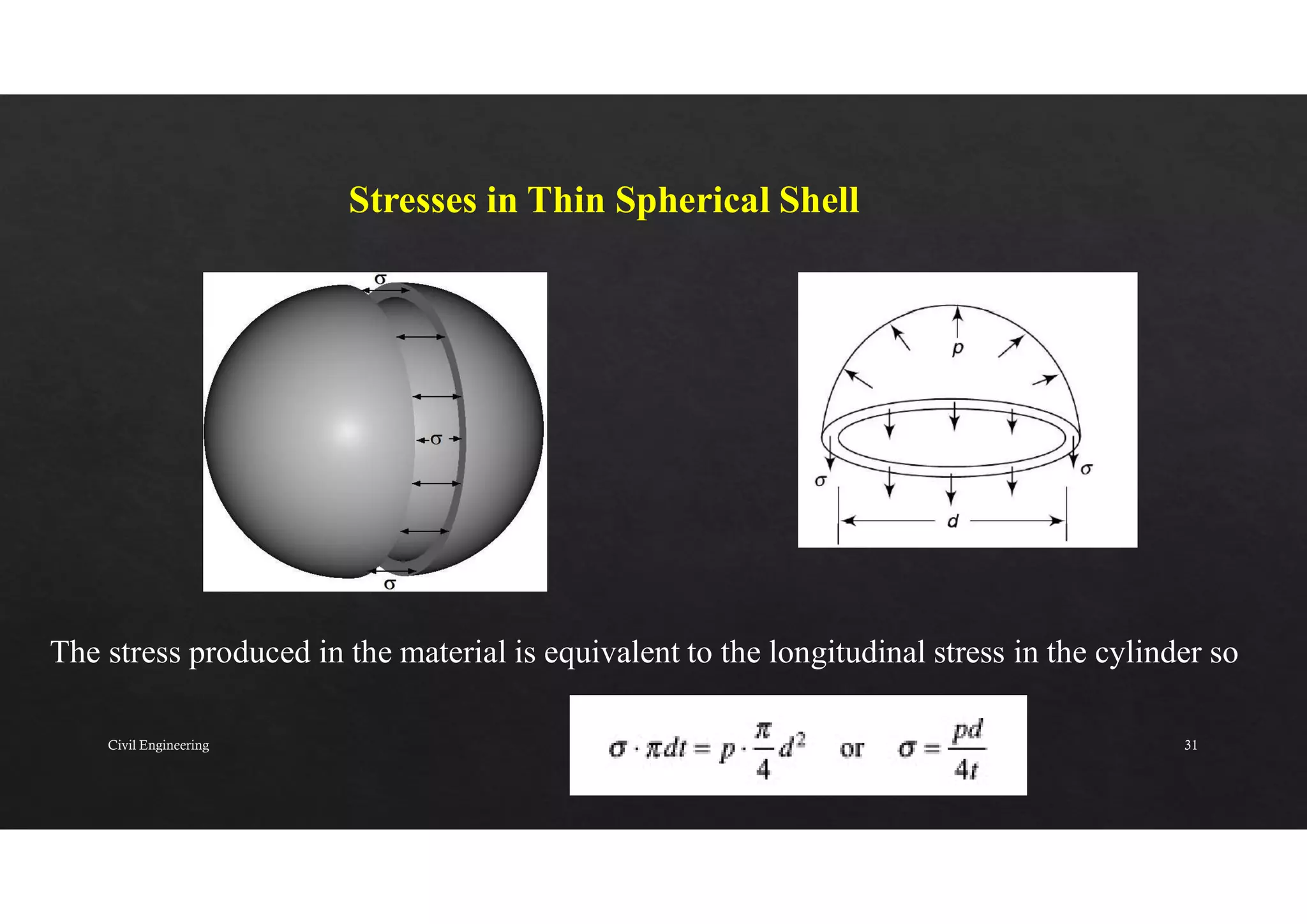 Stresses in Thin Spherical Shell
The stress produced in the material is equivalent to the longitudinal stress in the cylinder so
Civil Engineering 31
 