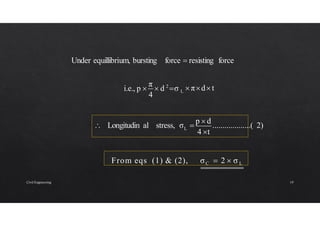 L  πdt
i.e., p 
π
 d 2
σ
4
L
4 t
 Longitudin al stress, σ 
p  d
...................( 2)
From eqs (1) & (2), σC  2  σ L
Under equillibrium, bursting force  resisting force
Civil Engineering 19
 