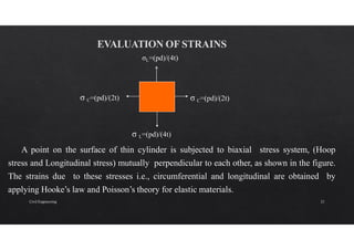 σ C=(pd)/(2t)
σ C=(pd)/(2t)
σL=(pd)/(4t)
σ L=(pd)/(4t)
A point on the surface of thin cylinder is subjected to biaxial stress system, (Hoop
stress and Longitudinal stress) mutually perpendicular to each other, as shown in the figure.
The strains due to these stresses i.e., circumferential and longitudinal are obtained by
applying Hooke’s law and Poisson’s theory for elastic materials.
Civil Engineering 21
 