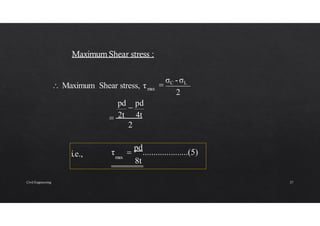 2
max
 2t 4t
2

σC -σL
 Maximum Shear stress, τ
pd

pd
i.e., max
τ 
pd
.....................(5)
8t
Civil Engineering 27
 