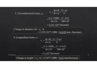 Change in length = ε L ×L= 5×10-05×3000 = 0.15 mm(Increase).
(2 μ)
(pd)
Change in diameter, δd = εc ×d
= 2.125×10-04×1000 = 0.2125 mm (Increase).
4. Longitudinal strain, εL:
εc 
(4  t)

E

(1.2 1000)

(2  0.3)
(412) 200103
 2.125 10-04
(Increase)
ε 
(pd)

(1 2μ)
L
(4t) E

(1.21000)

(1 20.3)
(412) 200103
 5 10-05
(Increase)
Civil Engineering 29
 