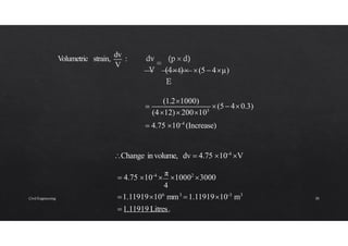 (5 4μ)
V
Volumetric strain,
dv
:
(5 40.3)
(412)200103
(1.21000)

 4.75 10-4
(Increase)
Change involume, dv  4.75 10-4
V
 4.75 10-4

π
10002
3000
4
1.11919106
mm3
1.1191910-3
m3
1.11919 Litres.
Civil Engineering 30
 