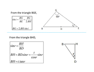 iBHBG
BH
BG
BE
BG
i
sin.2
.2
sin


From the triangle BGE,
From the triangle BHD,From the triangle BHD,
rtBH
r
r
t
rBDBH
BD
BH
r
tan.
sin
cos
sin.
sin



 